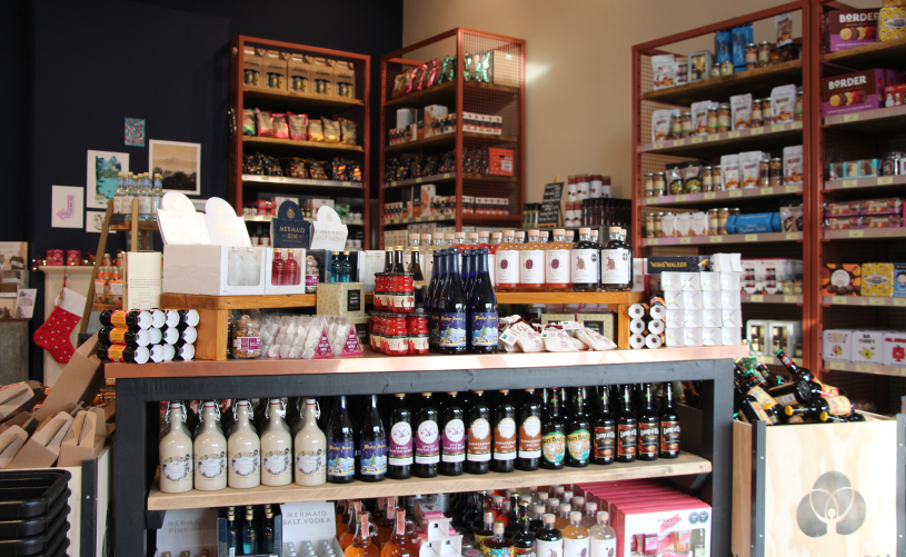 Display of food and gifts in shop